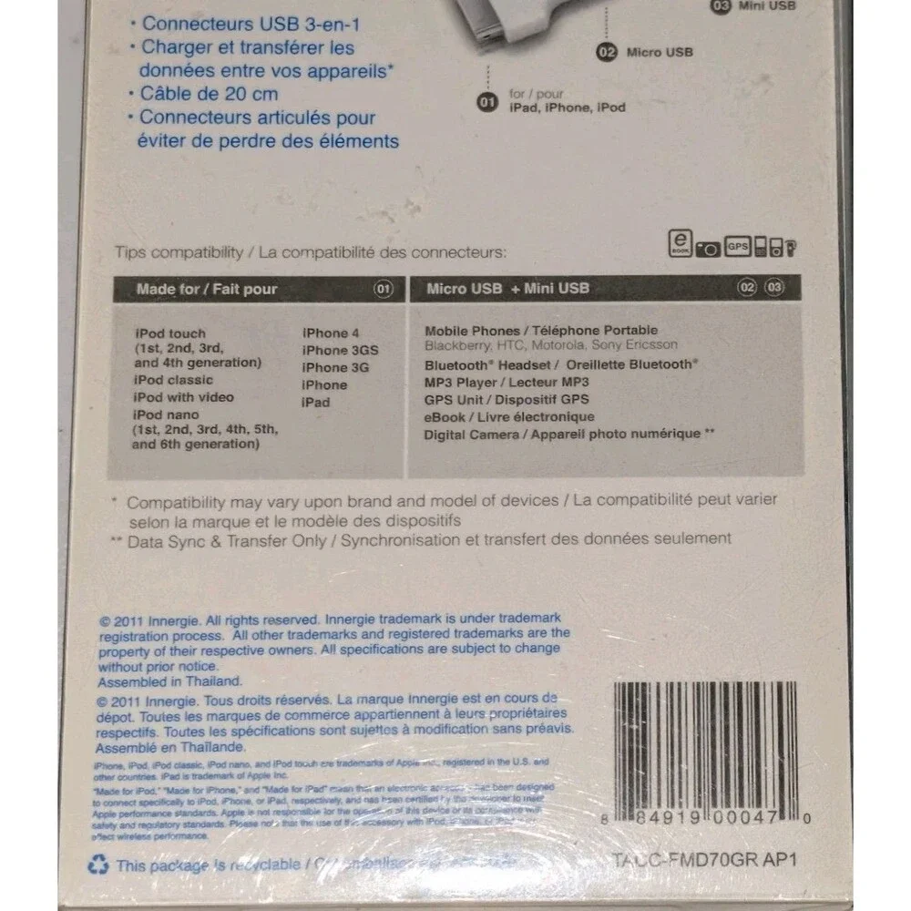 Innergie Magic Cable Trio 3-in-1 USB Charge Sync 30-Pin Micro Mini New Sealed